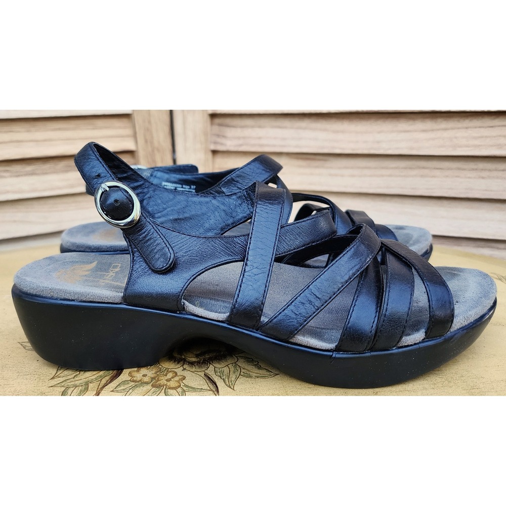 Dansko Size 37 US 6.5 to 7 Black Leather Strappy Slingback Wedge Sandals Casual